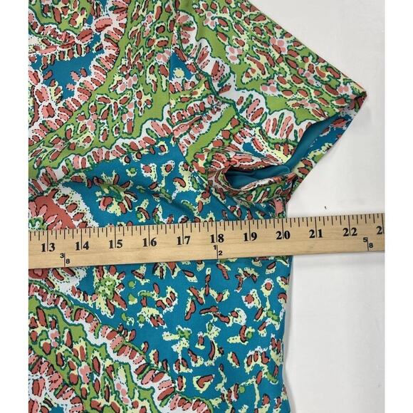 Talbots 100% Silk Paisley Short Sleeve Shift Dress Turquoise Green Coral 12 - Picture 9 of 12